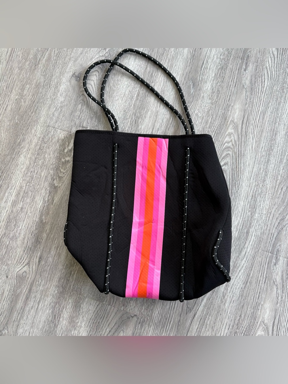 Haute Shore Greyson Rave Neoprene Tote Bag Black Pink Orange Stripe